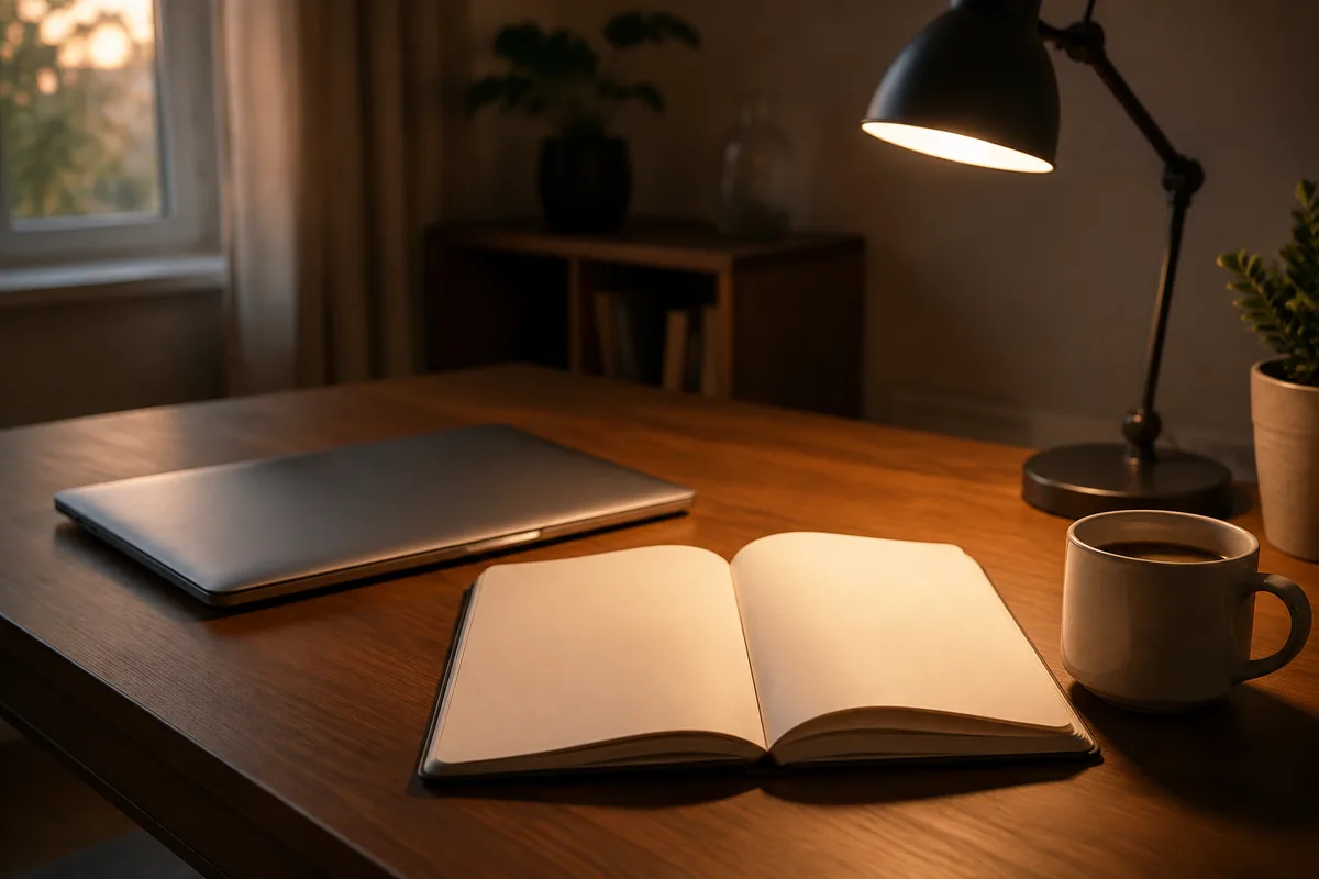 Bureau avec ordinateur portable fermé, carnet ouvert et tasse de café